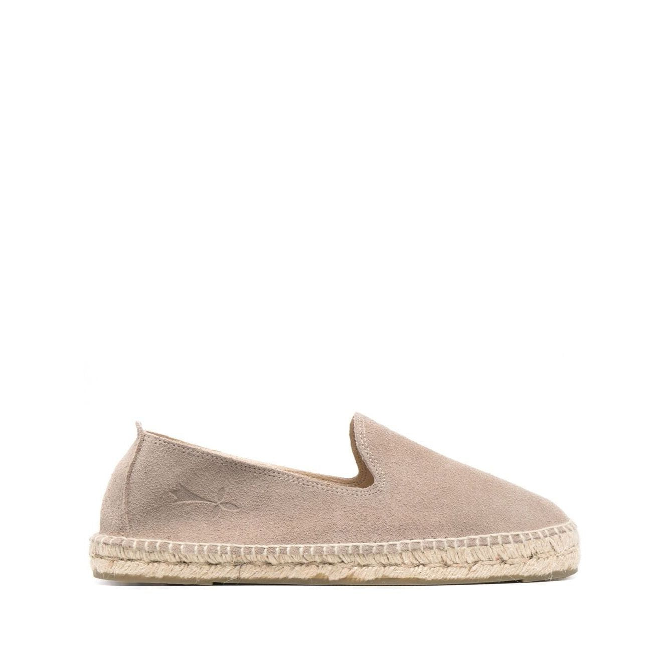 Manebí MANEBI Flat shoes Dove Grey suede espadrilles with braided raffia sole, slip-on style, taupe beige color, side view