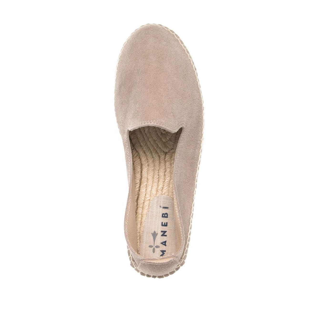 Manebí MANEBI Flat shoes Dove Grey, taupe beige suede espadrilles with slip-on style, branded insole, and braided raffia sole.