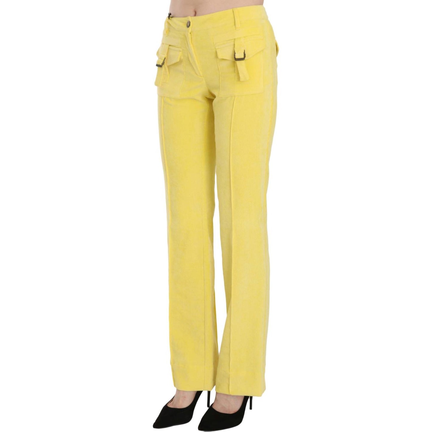 Just Cavalli Yellow Corduroy Mid Waist Straight Trousers Pants