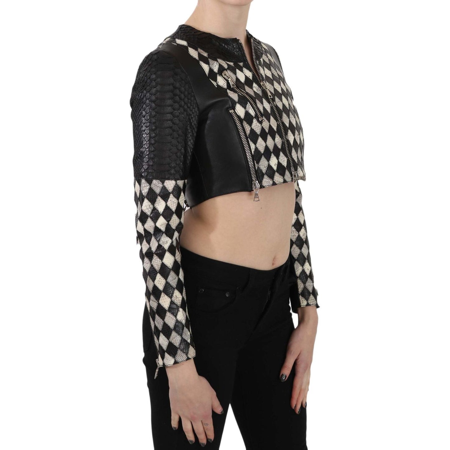 John Richmond Black White Leather Short Cropped Biker Jacket Coat