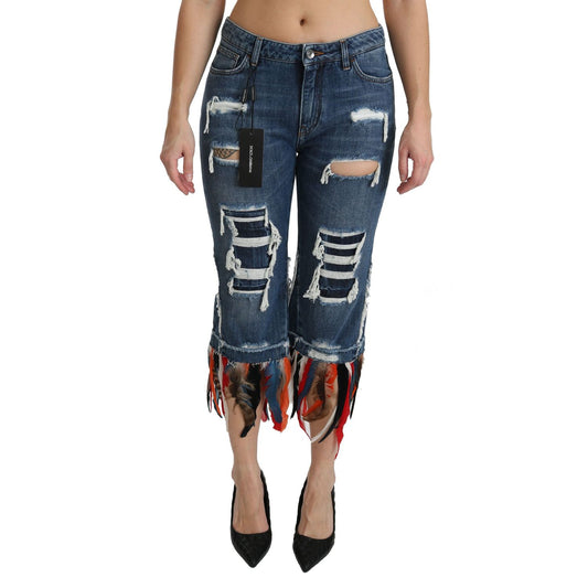Dolce & Gabbana Blue Feathers Low Waist Cropped Cotton Jeans