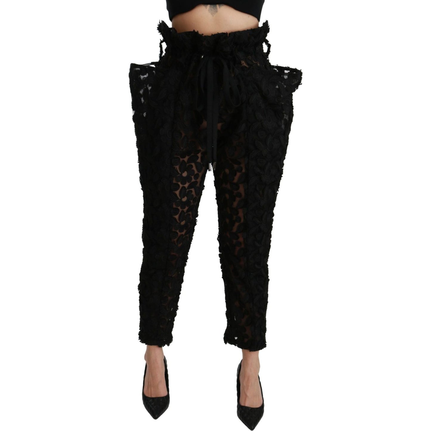 Dolce & Gabbana Black Floral Lace Tapered High Waist Pants Jeans & Pants