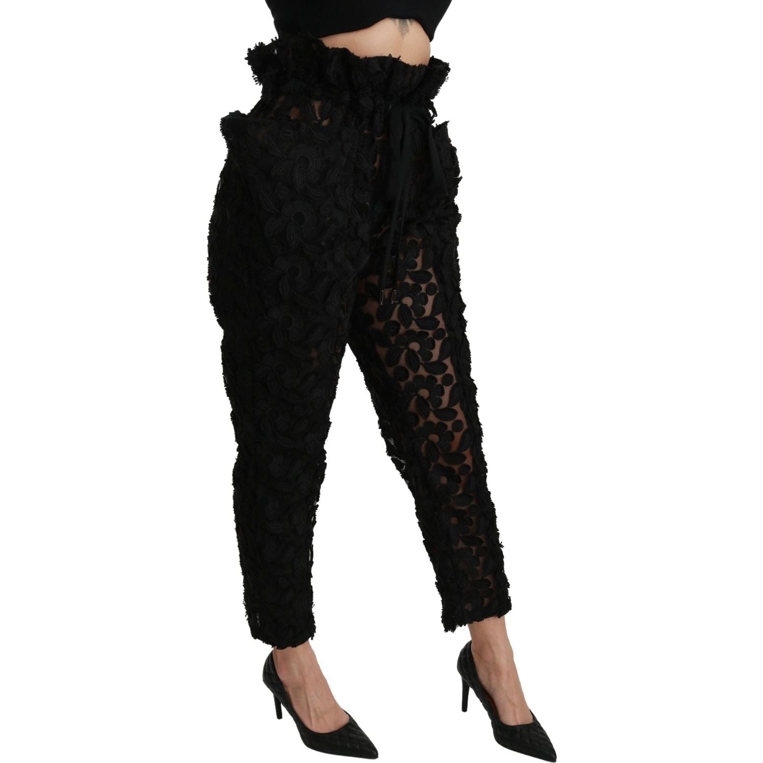Dolce & Gabbana Black Floral Lace Tapered High Waist Pants