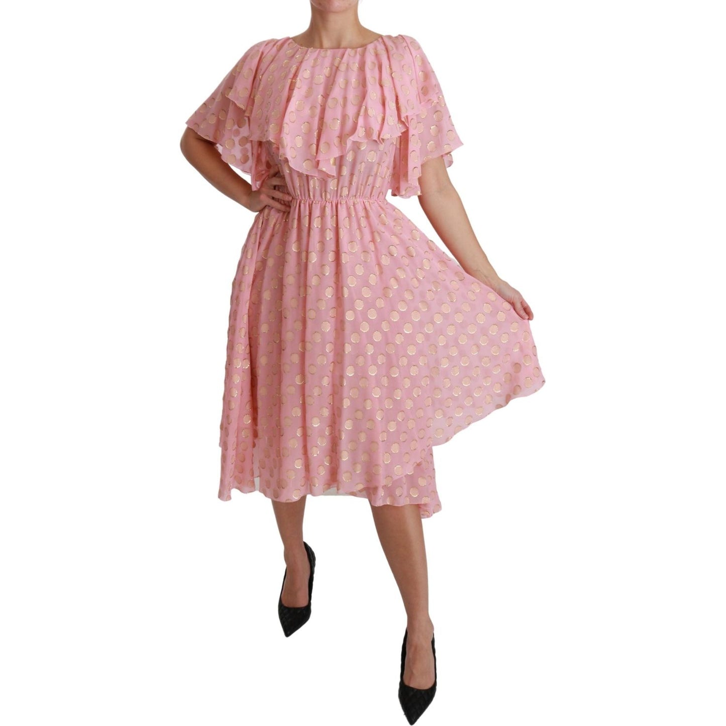 Dolce & Gabbana Silk Pink Polka Dots Pleated A-line Midi Dress