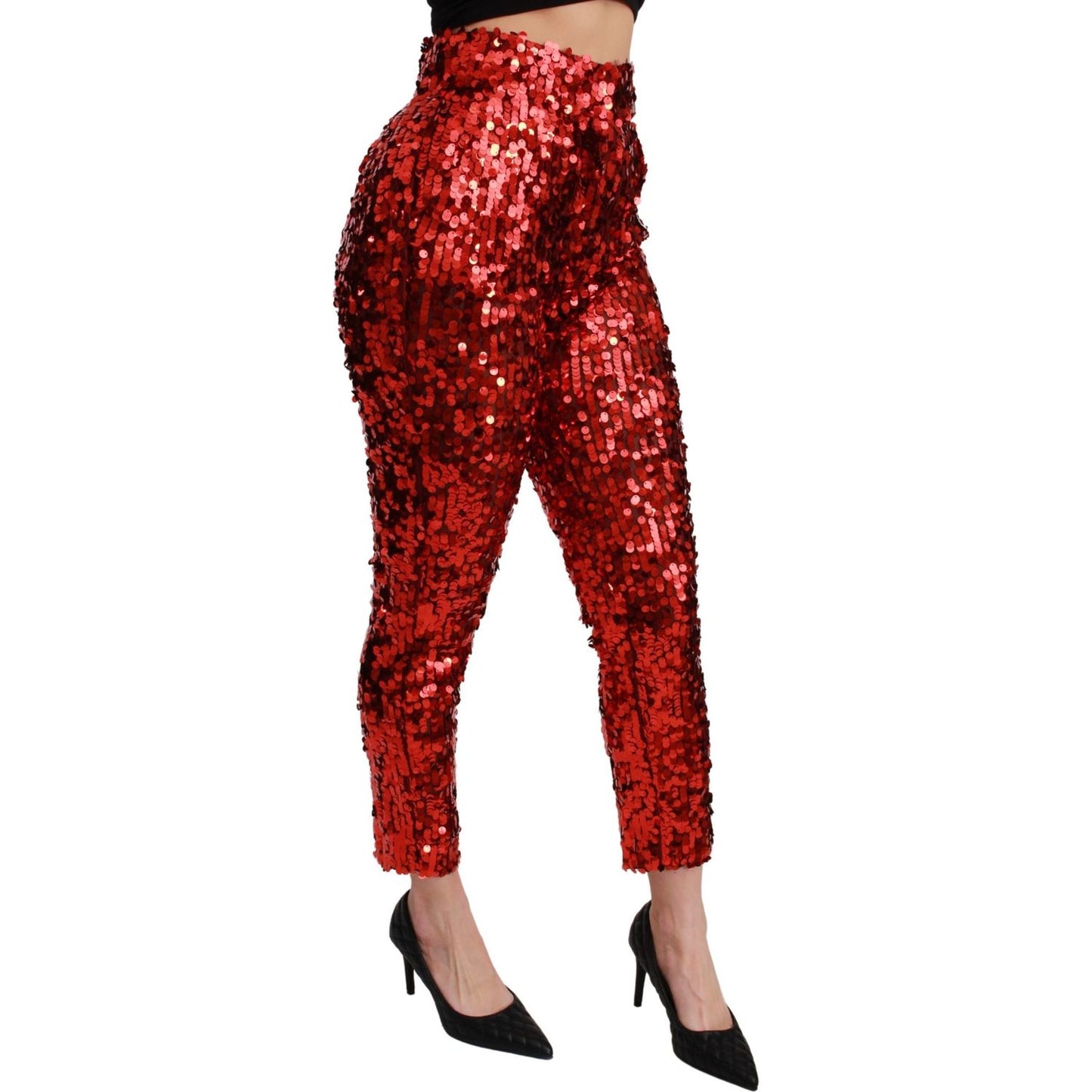 Dolce & Gabbana Dolce & Gabbana Elegant High-Waist Cropped Red Trousers PAN71052-40 1728,67345645728,Clothing,Dolce & Gabbana,IT40|S,Jeans & Pants - Women - Clothing,Material: 100% Polyester,New with tags,Red,Women,Women - Clothing