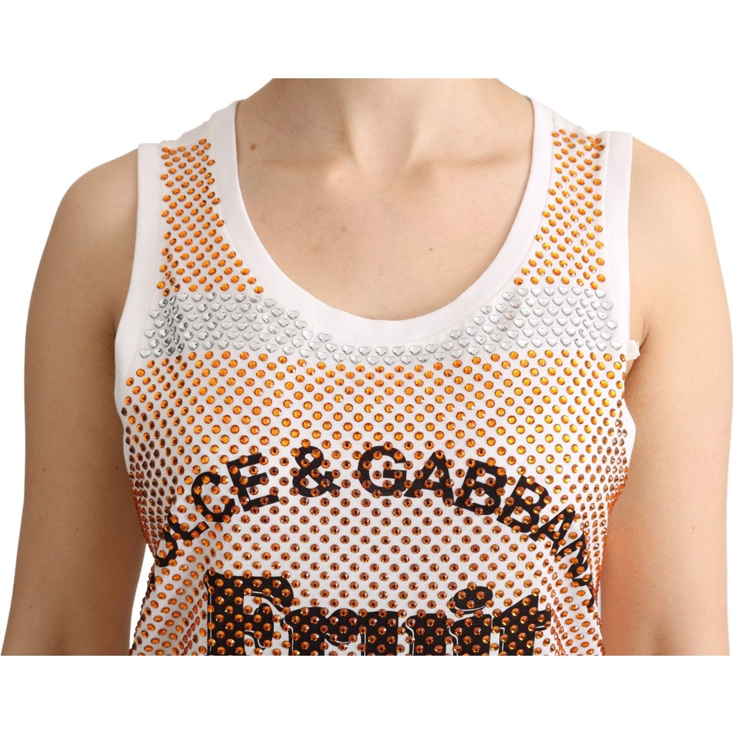Dolce & Gabbana White Orange Crystal Sleeveless Tank Cotton Top