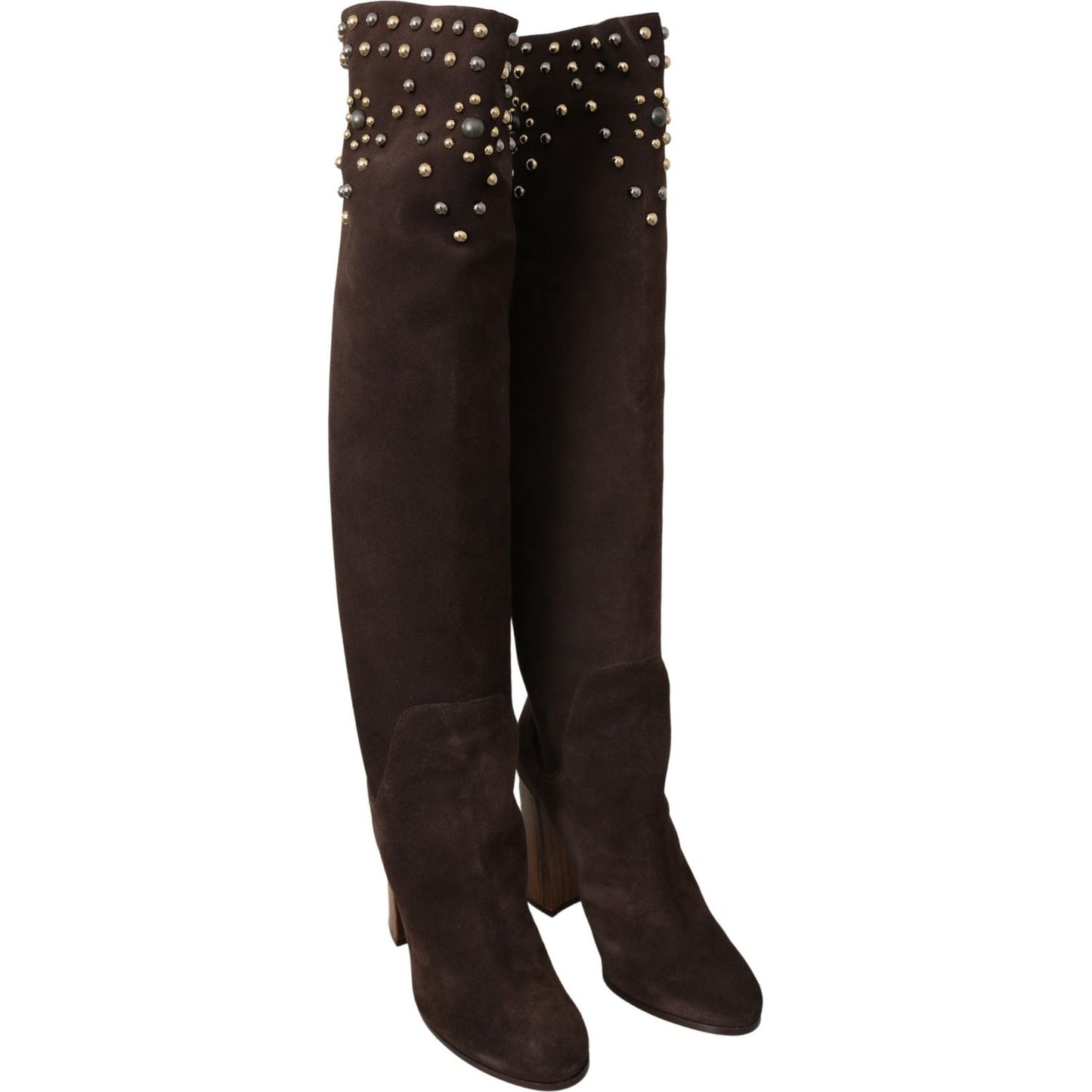Dolce & Gabbana Brown Suede Studded Knee High Shoes Boots LA7086-39