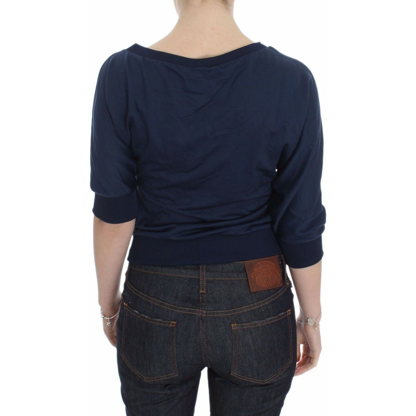 Exte Blue Cotton Top Pullover Deep V-neck Women Sweater