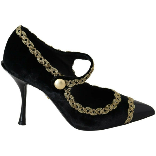 Dolce & Gabbana Black Embellished Velvet Mary Jane Pumps Shoes WOMAN PUMPS