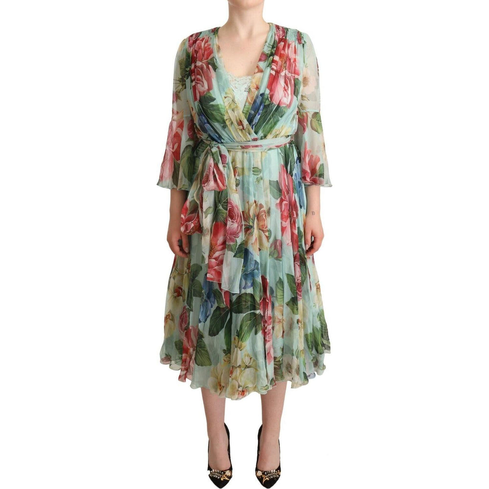 Dolce & Gabbana Elegant Floral Green Midi Silk Dress WOMAN DRESSES Dolce & Gabbana Rosy Brown