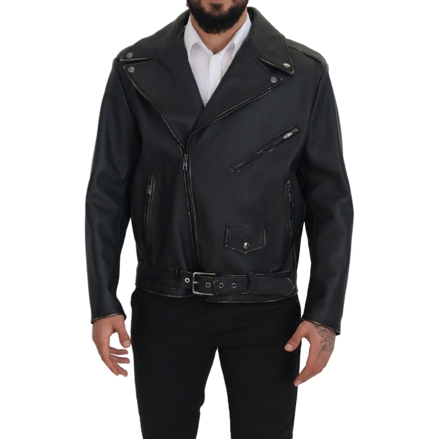 Dolce & Gabbana Black Leather Biker Coat Zipper Jacket
