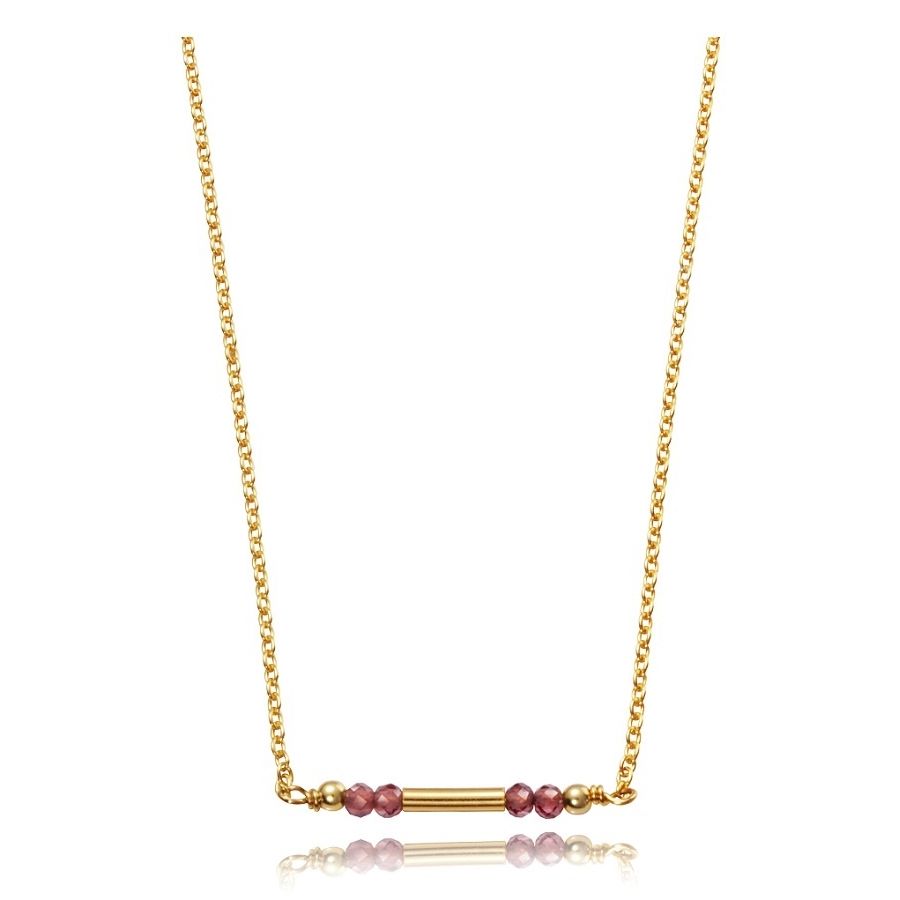 Elegant gold necklace with pink bead accents on a minimalist chain, perfect for a stylish look.
