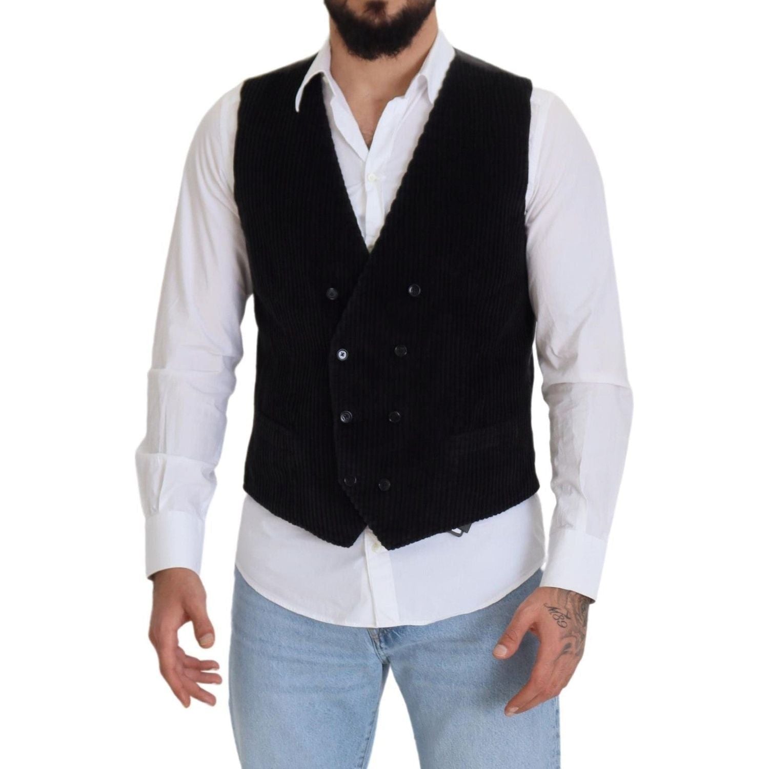 Dolce & Gabbana Black Cotton Double Breasted Waistcoat Vest