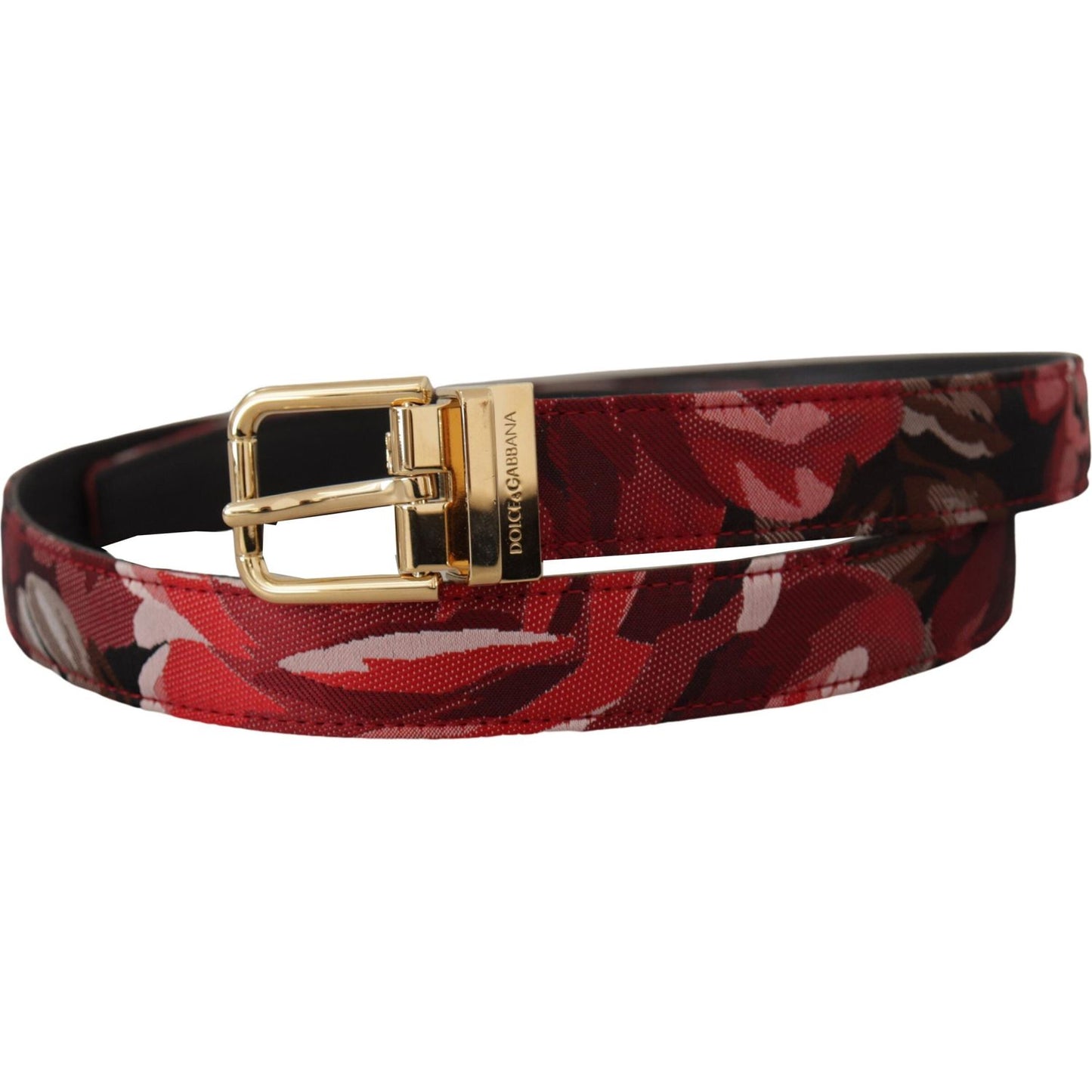 Dolce & Gabbana Red Jacquard Rose Leather Gold Metal Buckle Belt BEL8419- 90