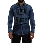 Dsquared² Blue Washed Goth Surfer Print Men Denim Shirt Dsquared² Dark Slate Gray