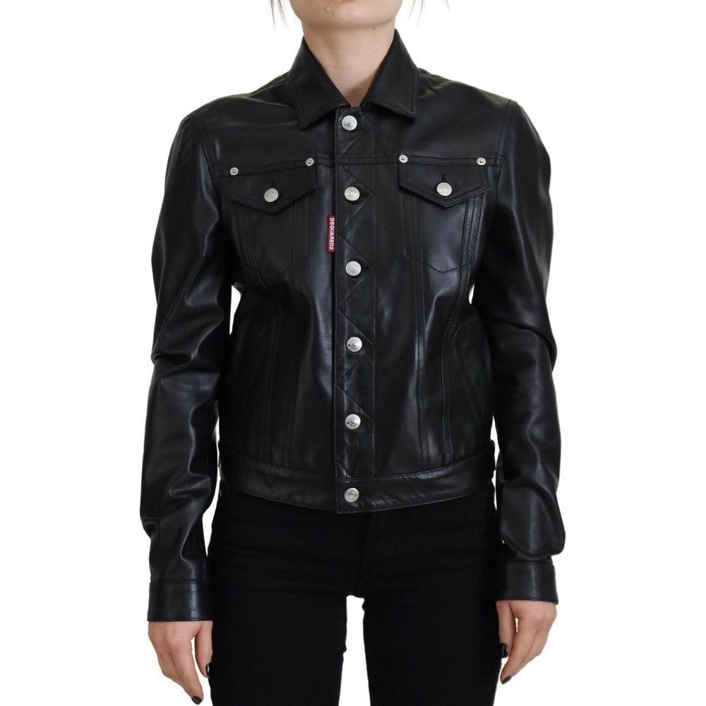 Dsquared² Black Leather Collared Long Sleeves Jacket Dsquared² Black