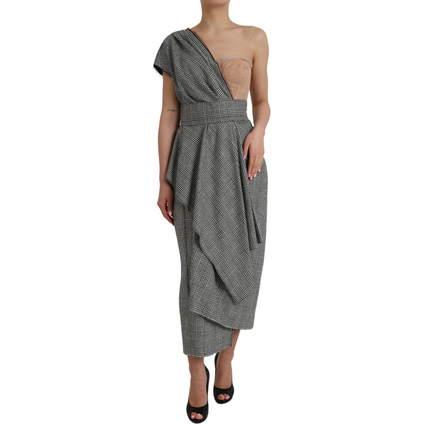 Dolce & Gabbana Gray Beige Layered One Shoulder Maxi Dress DR281185-48