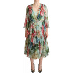 Dolce & Gabbana Green Floral Long Sleeve V-neck Midi Dress Dolce & Gabbana Rosy Brown