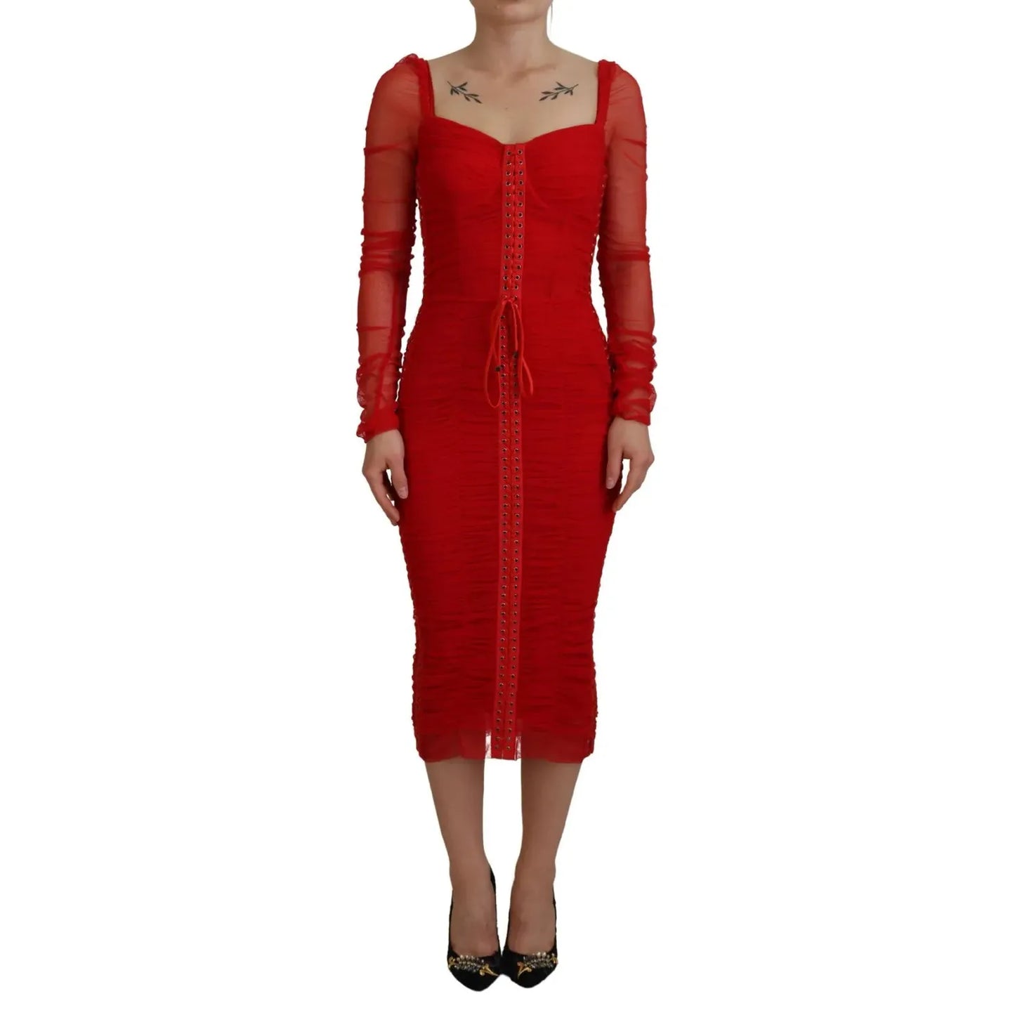 Dolce & Gabbana Red Mesh Trim Bodycon Sheath Midi Dress DR28904#2-40