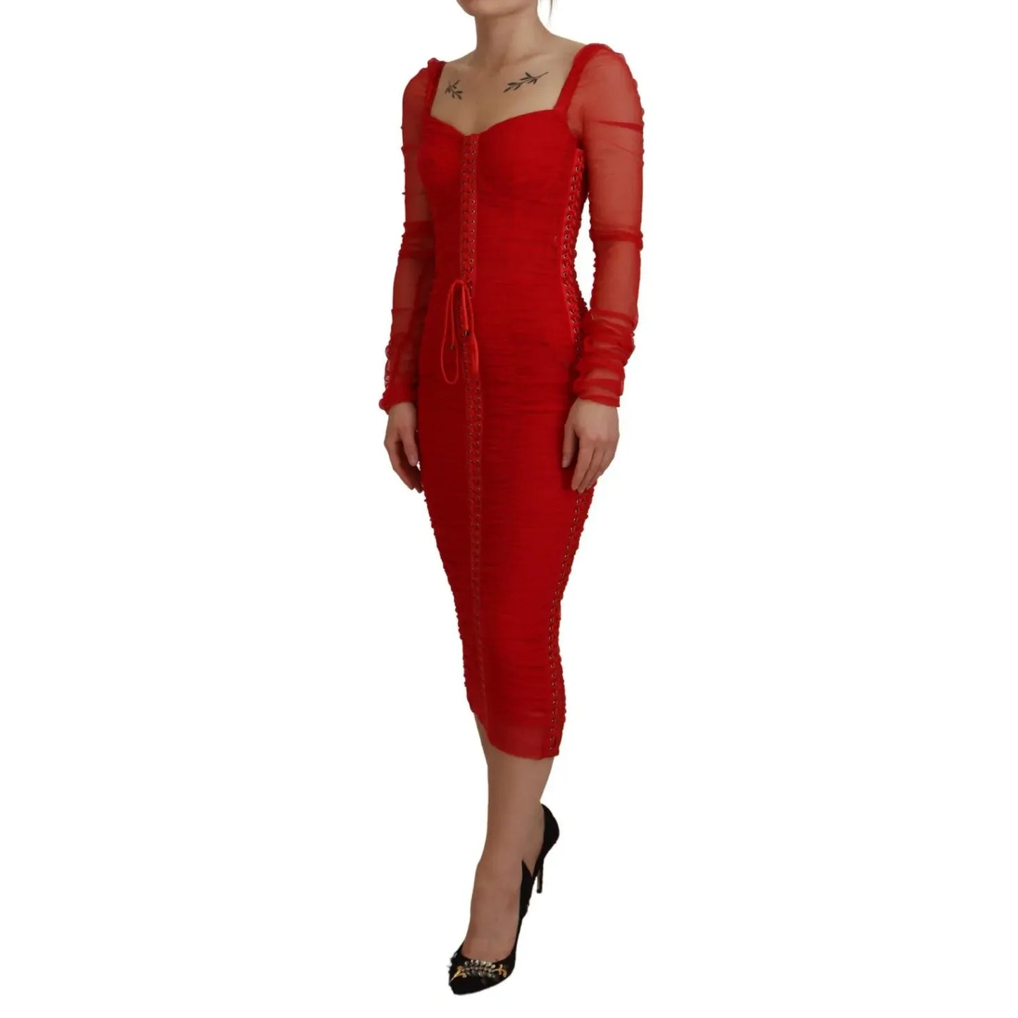 Dolce & Gabbana Red Mesh Trim Bodycon Sheath Midi Dress DR28904#2-40