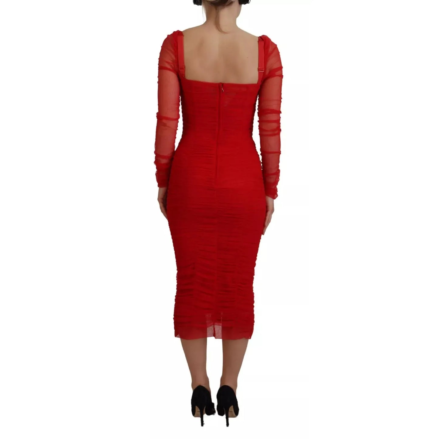 Dolce & Gabbana Red Mesh Trim Bodycon Sheath Midi Dress DR28904#2-40