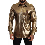 Dolce & Gabbana Metallic Gold DG Embroidered Crown Silk Top Shirt Dolce & Gabbana Dark Olive Green