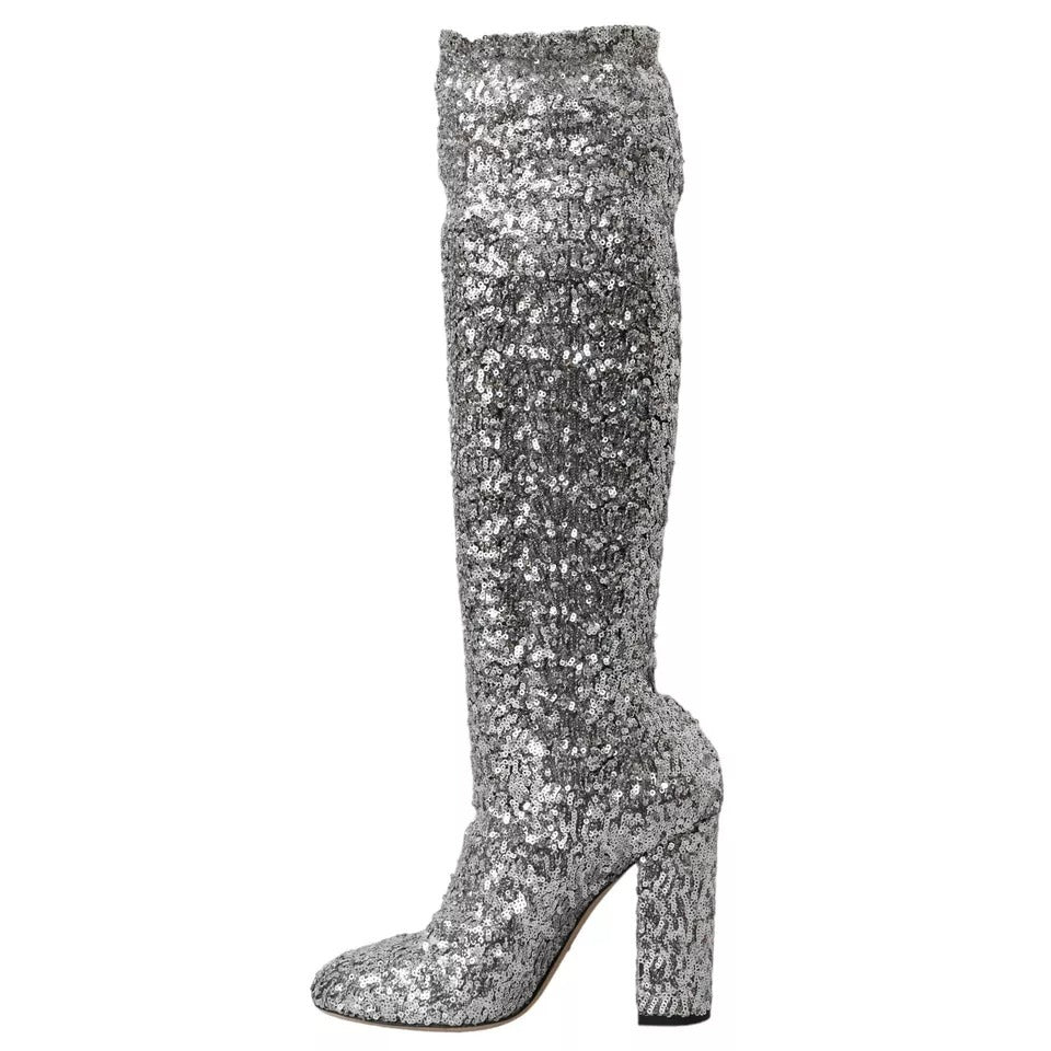 Dolce & Gabbana Silver Sequined High Boots Stretch Shoes LA10943-39