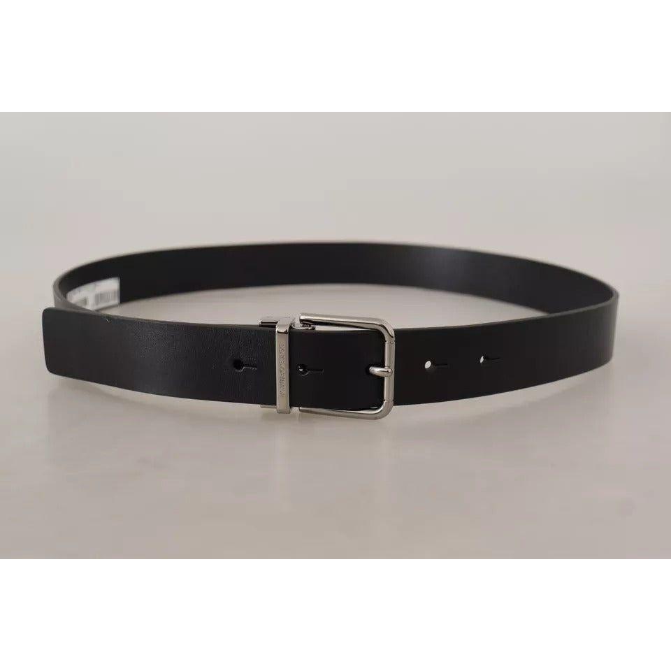 Dolce & Gabbana Black Calf Leather Logo Engraved Metal Buckle Belt