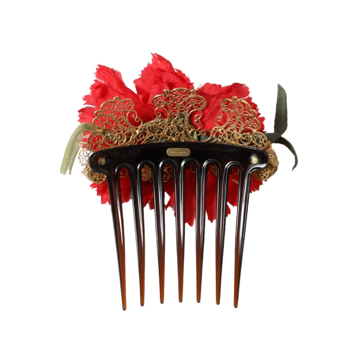 Dolce & Gabbana Red Silk Floral Gold Brass Women Hair Comb SMY10337