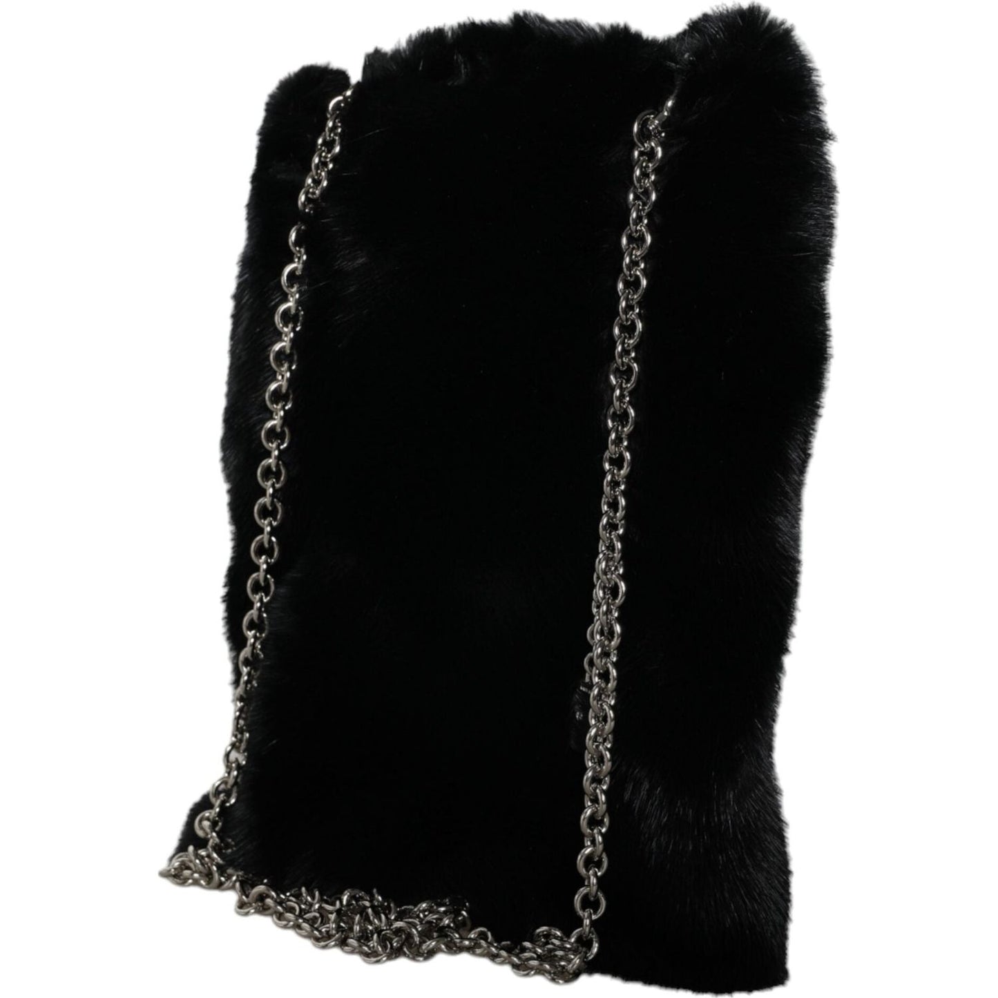 Dolce & Gabbana Black Faux Fur Silver Chain Crossbody Shoulder Purse Bag BAG1586