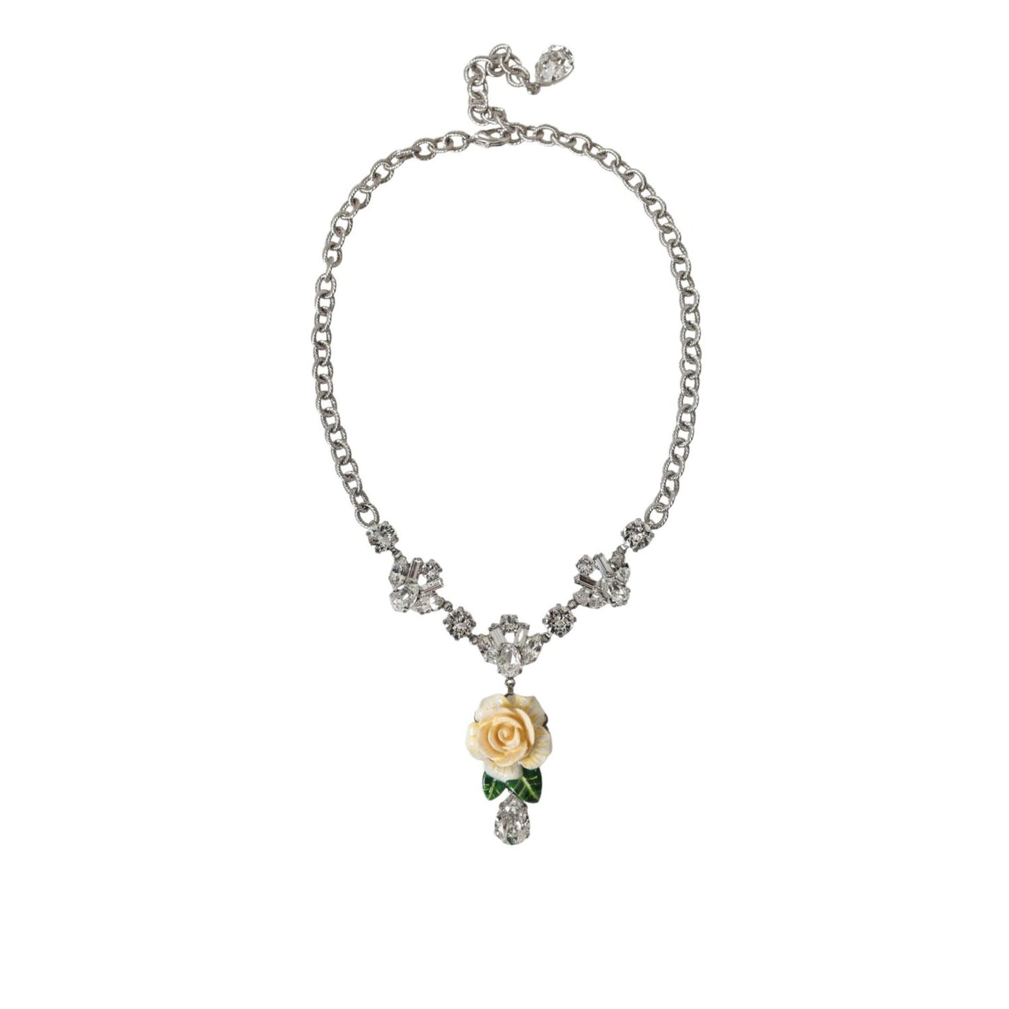 Dolce & Gabbana Silver Brass Clear Crystal Roses Pendants Necklace SMY101277