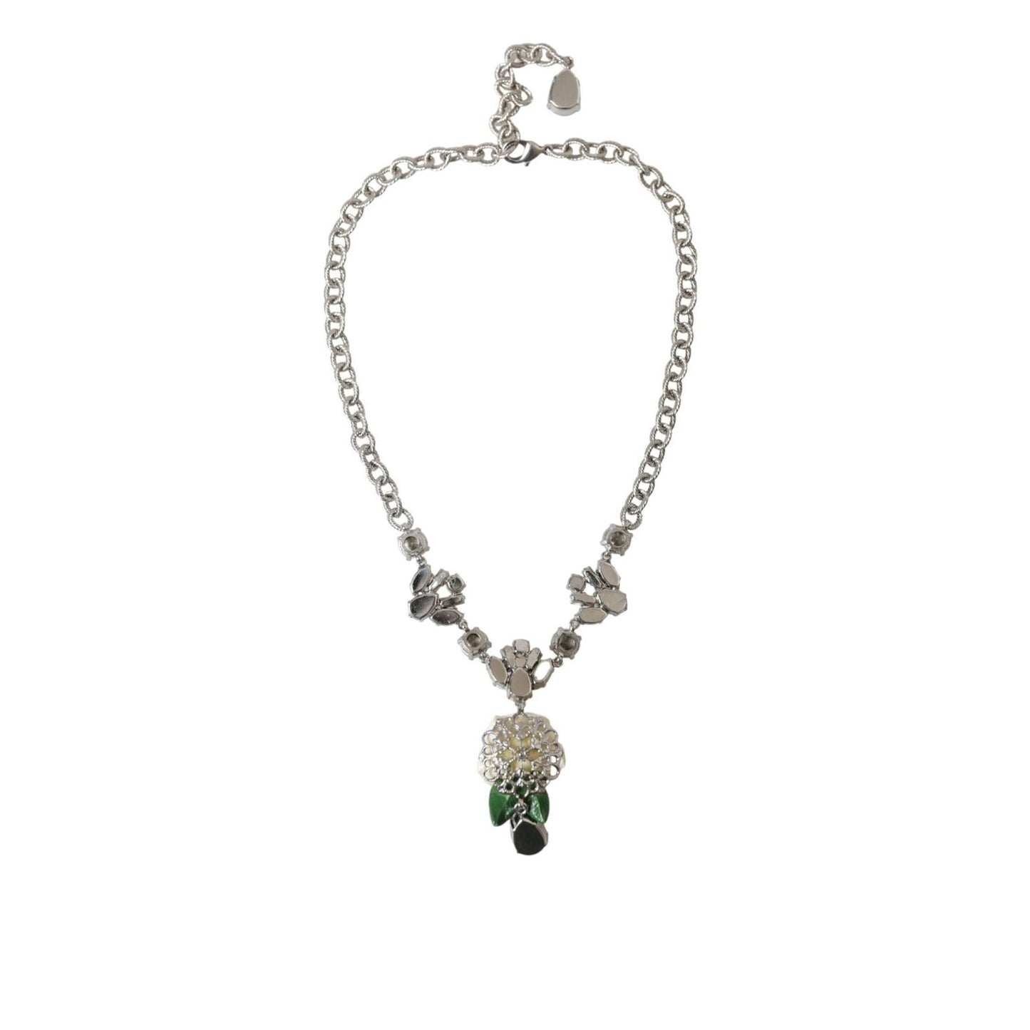 Dolce & Gabbana Silver Brass Clear Crystal Roses Pendants Necklace SMY101277