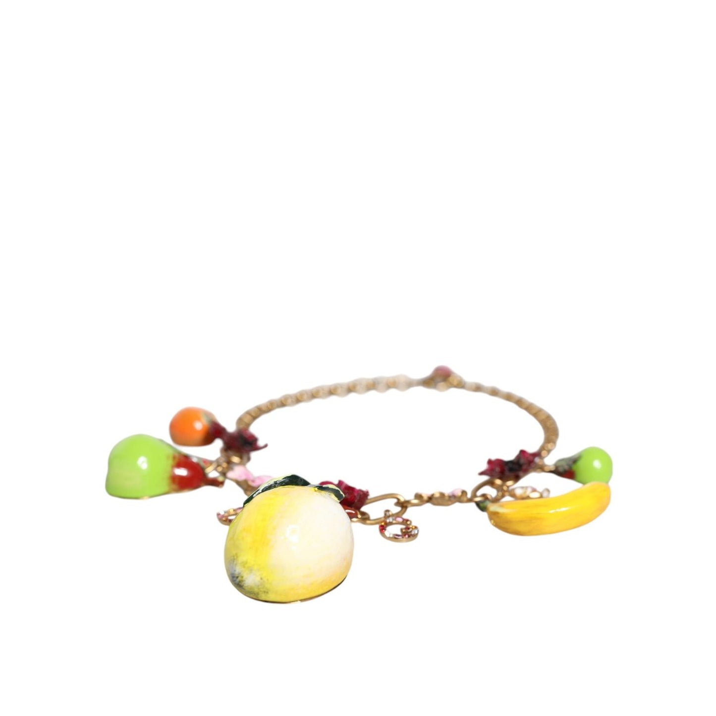 Dolce & Gabbana Gold Brass FRUIT Pendants Flowers Crystal Logo Necklace SMY10357
