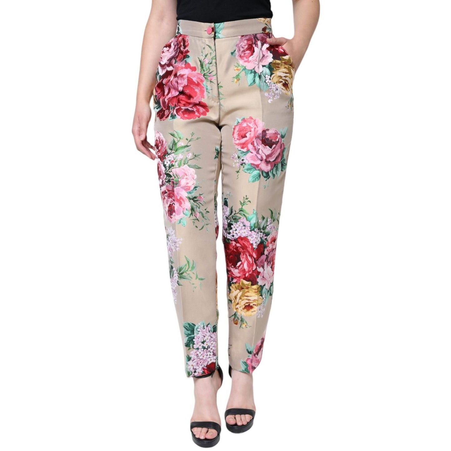 Dolce & Gabbana Beige Floral Jacquard High Waist Tapered Pants PAN74586-46