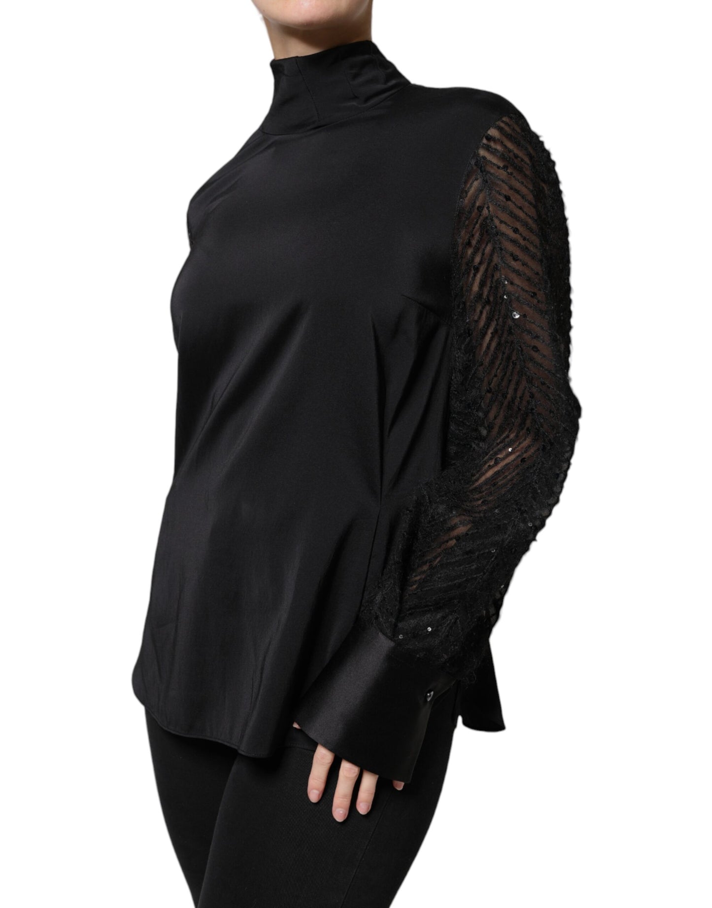Brunello Cucinelli Black Silk Blend Long Sleeves Blouse Top TSH86798-44