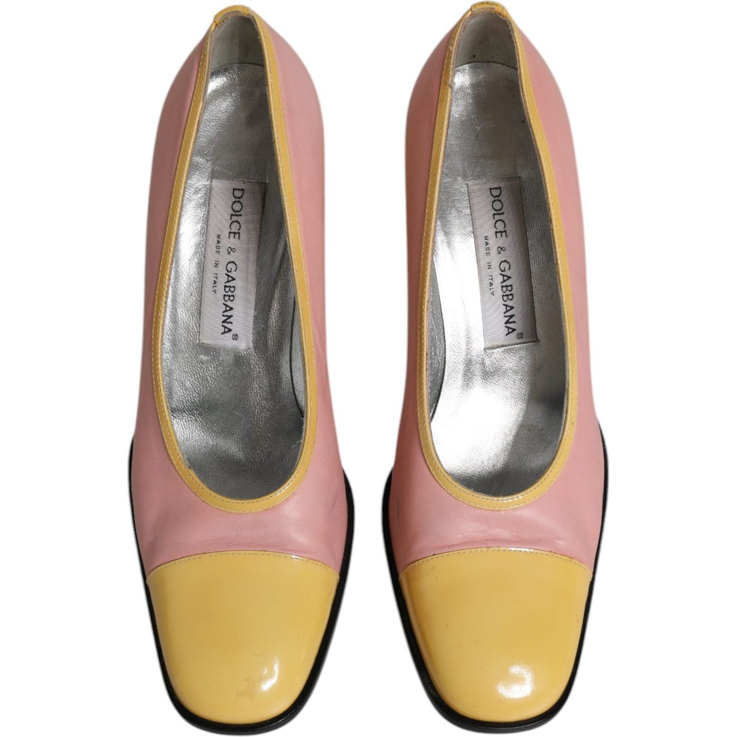 Dolce & Gabbana Pink Yellow Leather Block Heels Pumps Shoes