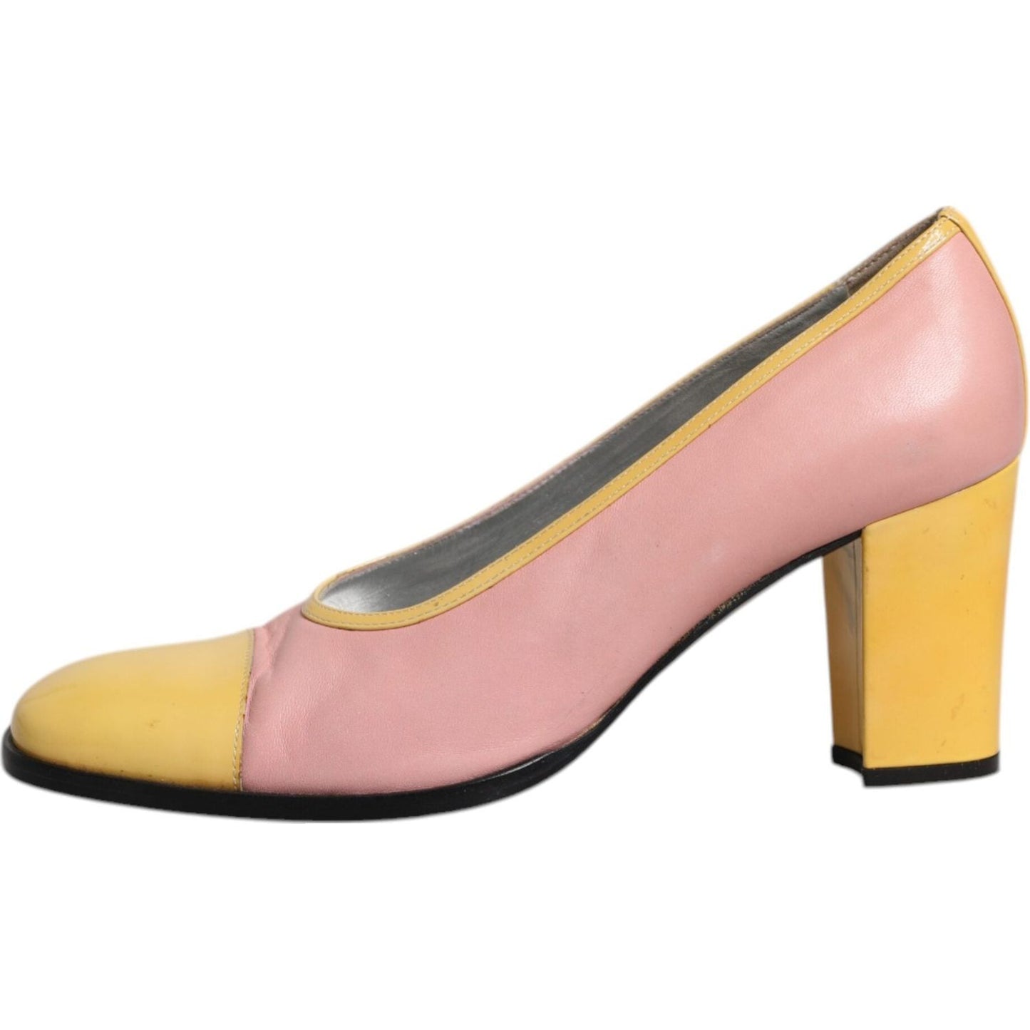 Dolce & Gabbana Pink Yellow Leather Block Heels Pumps Shoes