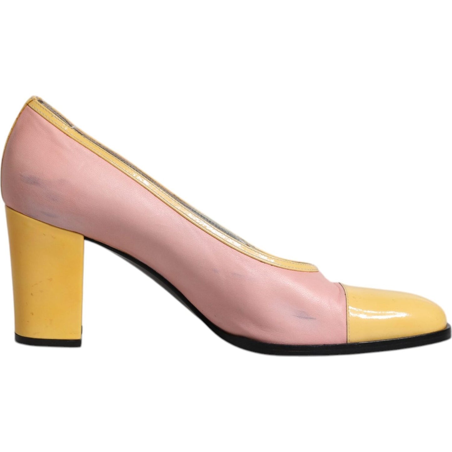 Dolce & Gabbana Pink Yellow Leather Block Heels Pumps Shoes