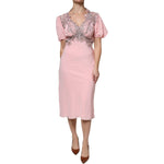 Ermanno Scervino Pink Floral Lace Short Sleeves V-neck Midi Dress