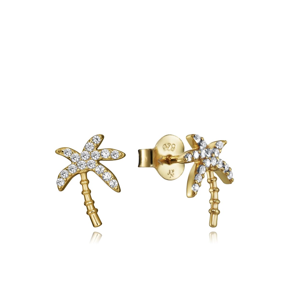 Gold palm tree earrings with rhinestones on white background