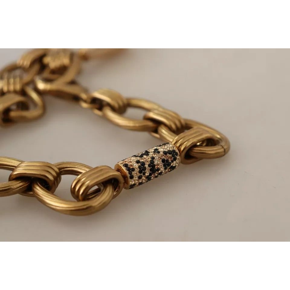 Dolce & Gabbana Gold Brass Chain Crystal Pearl Leopard Pendant Necklace