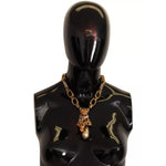 Dolce & Gabbana Gold Brass Chain Crystal Pearl Leopard Pendant Necklace