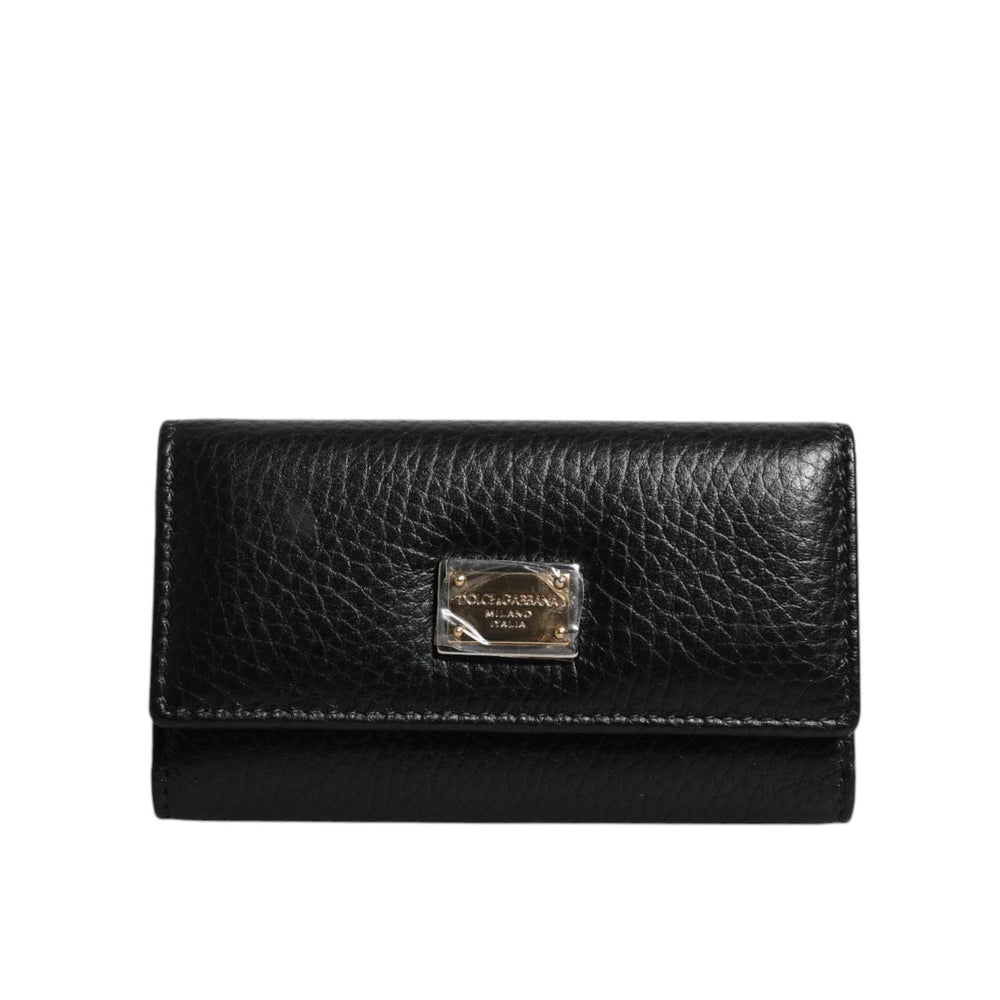 Dolce & Gabbana Black Leather Gold Metal Logo Plaque Trifold Keyring BAG4222