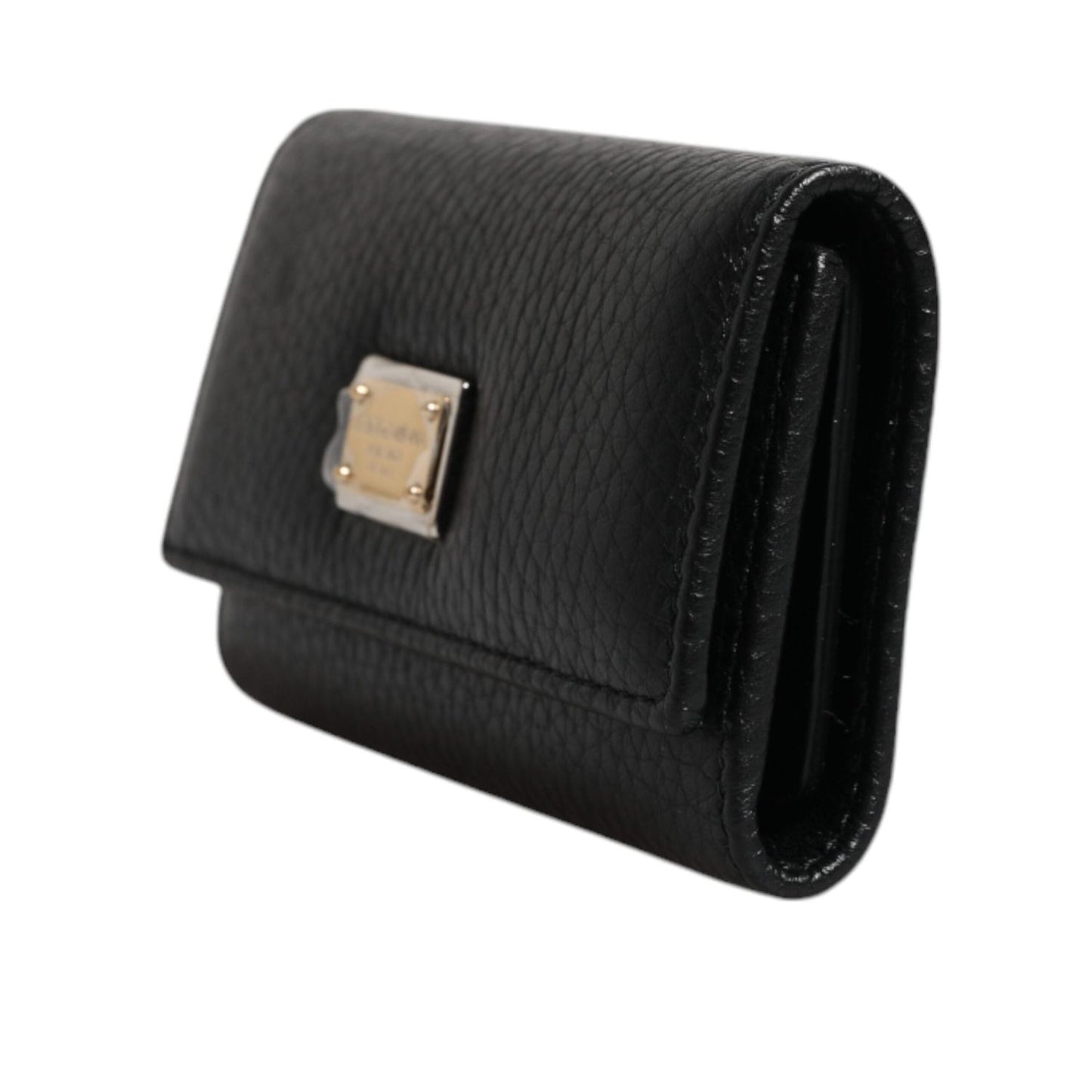 Dolce & Gabbana Black Leather Gold Metal Logo Plaque Trifold Keyring BAG4222