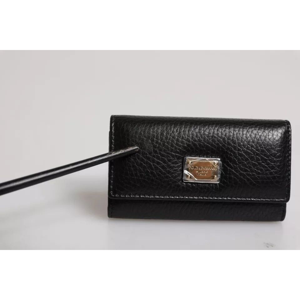 Dolce & Gabbana Black Leather Gold Metal Logo Plaque Trifold Keyring BAG4222