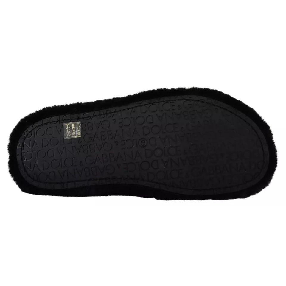 Dolce & Gabbana Black Polyester Faux Fur Mens Flats Sandals Shoes