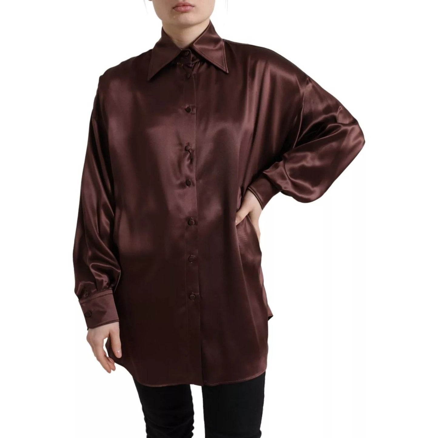 Dolce & Gabbana Brown Silk Collared Long Sleeves Top Blouse