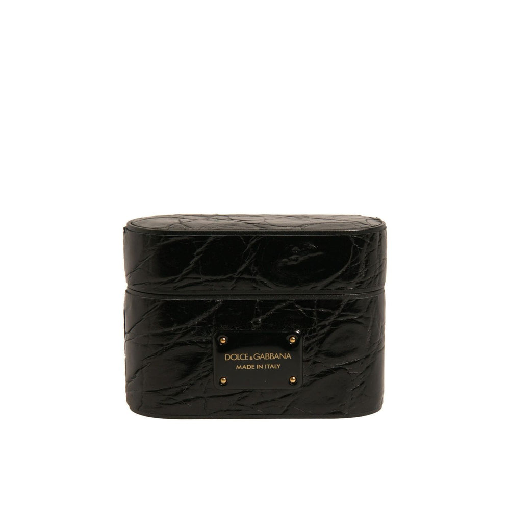 Dolce & Gabbana Black Leather Metal Logo Plaque Holder Airpods Case SMY10595