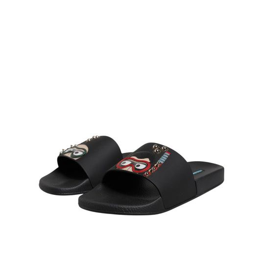 Dolce & Gabbana Black Divers Leather Flats Slides Sandals Beachwear Shoes