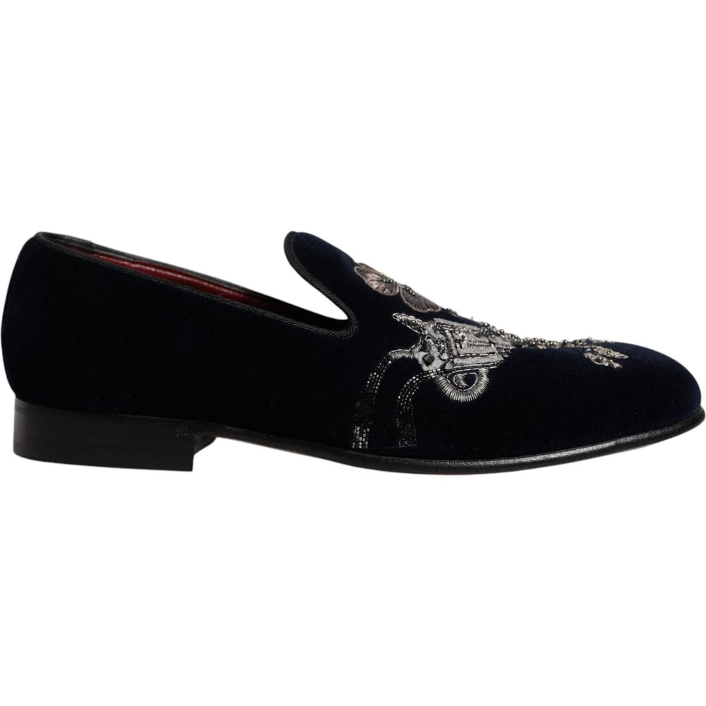 Dolce & Gabbana Black Velvet Floral Gun Loafers Dress Shoes
